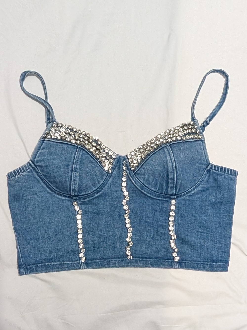 Blashe Blue Denim Rhinestone Underwire Bustier Corset Top Zip, Women’s M 38C